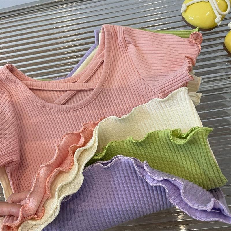 Girls Fashion Back Cross Short Sleeve T-shirt Summer Kids Solid Color Casual Top