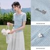 Xiangying Light Blue V-Neck Slit Hem Short Sleeve T-Shirt