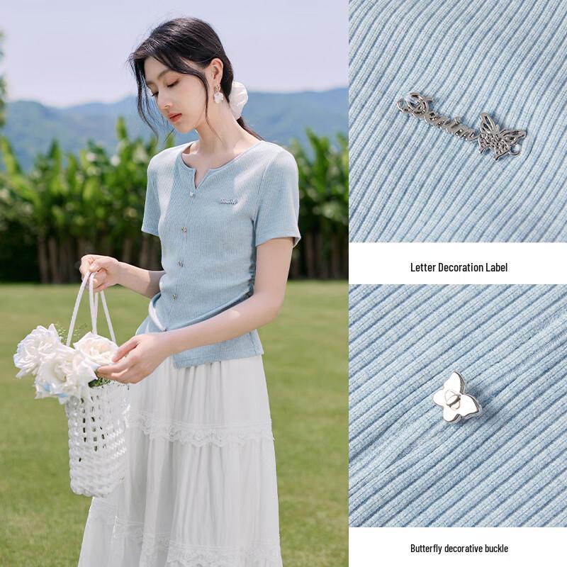 Xiangying Light Blue V-Neck Slit Hem Short Sleeve T-Shirt