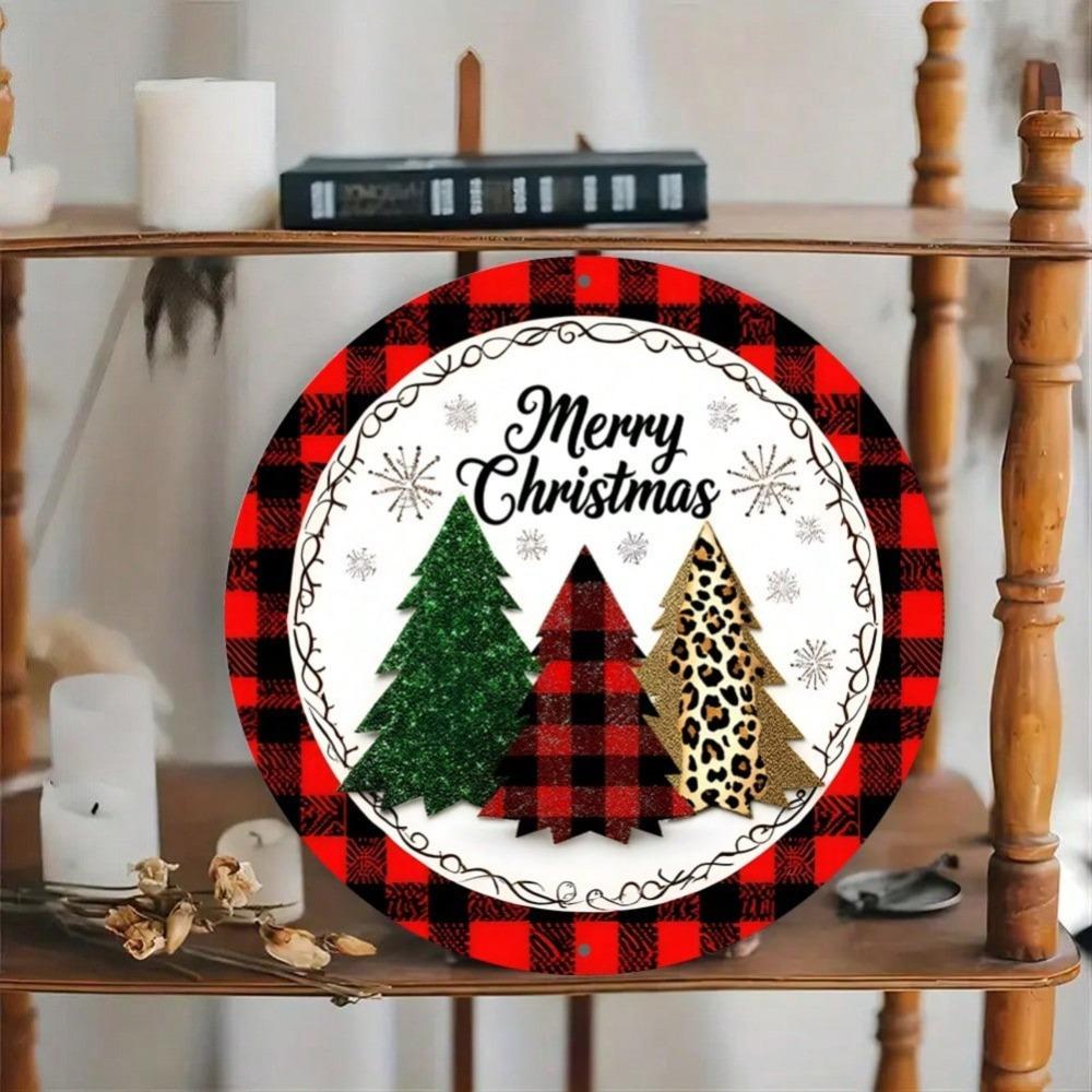8 Inch Round Metal Wall Art Christmas Decor Plaid Leopard Wreath Sign for Home Kitchen Garden Office Holiday Decorating