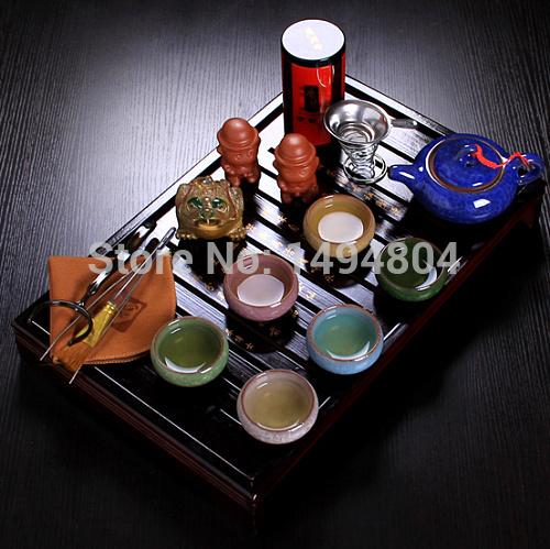 Chinese kung fu tea set porcelain tray purple grit ceramic teapot for the tea cups with saucers solid wood the tea pot 26pcs