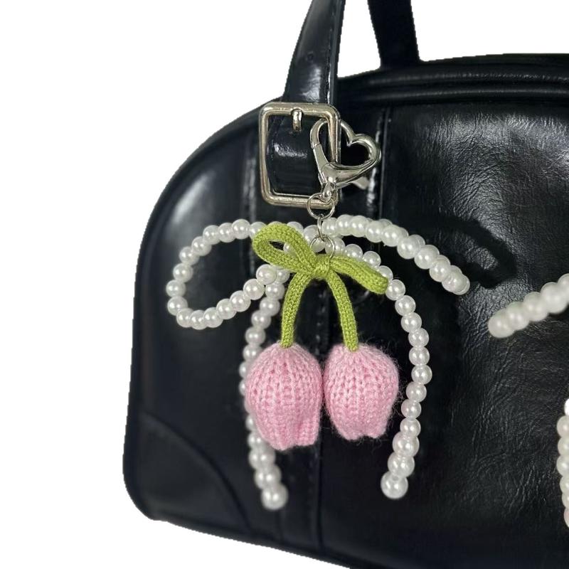 Svěží Sladký Pletený Tulipán Korálkový Mašličkový Přívěsek na Klíče Y2K Sladký Mašličkový Kroužek na Klíče Přívěsek Držák na Klíče od Auta Dekorace na Zavěšení na Tašku Dárky