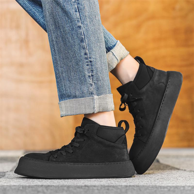 Men's Japanese Velvet High-Top Sneakers: 2023 Autumn/Winter Genuine Leather, Thick-Soled, Wear-Resistant Martin Boots for Outdoor Casual Wear.