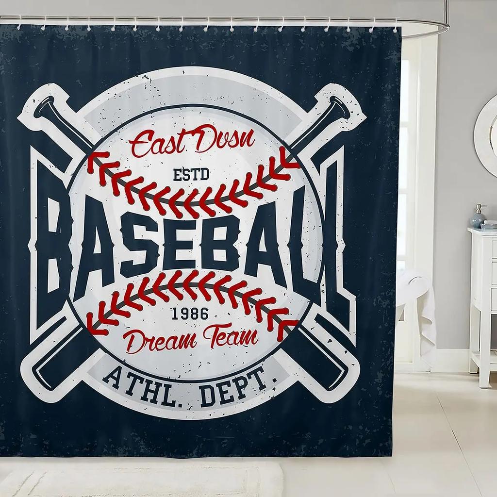 Baseball Shower Curtain Baseball Glove Sports Theme Polyester Fabric Bathtub Screen Home Decor Bathroom Curtains Set with Hooks