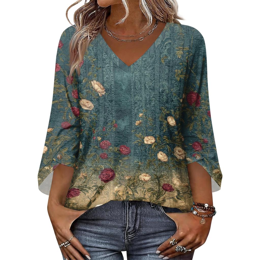 Womens Short Sleeve Blouses V Neck Floral Print Casual Loose Fit Women's Short Sleeve Tops Lightweight Womens Short Sleeve Shirts