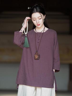 Women's Retro Chinese Style Round Neck Cotton Linen Frog Button Shirt for Zen Meditation