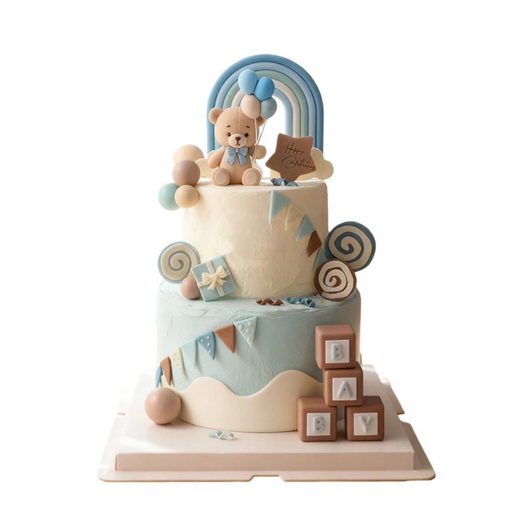Luxury Blue Bear Cake Toppers Decorations Rainbow Balloon Bears with Balls Cake Decor for Baby Shower Girls Boys Birthday Party