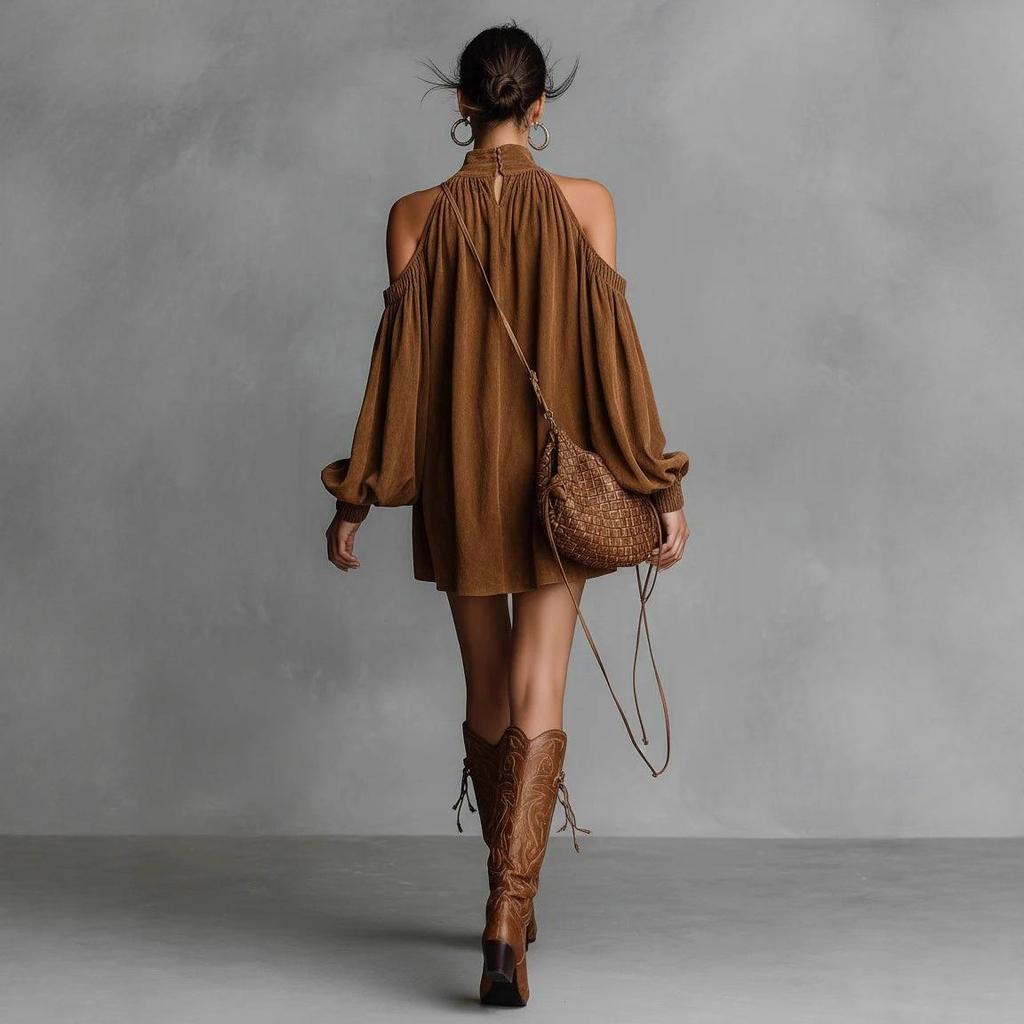 2025 European & American Suede Off-Shoulder Mini Dress with High Neck and Lantern Sleeves