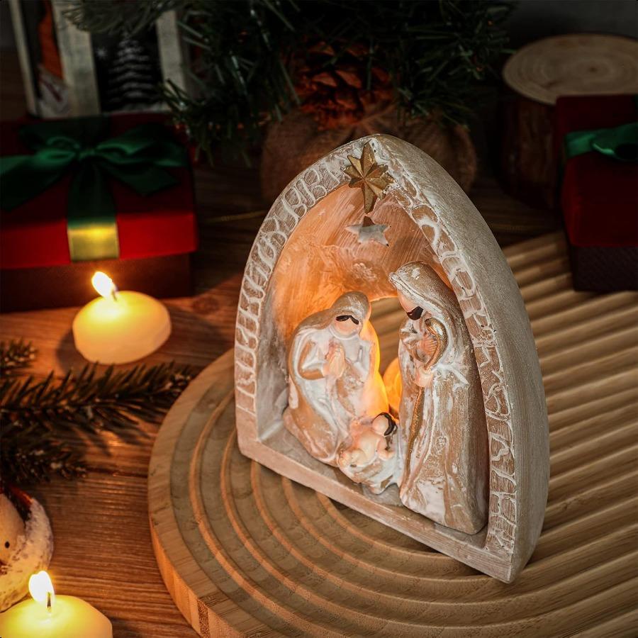 Christmas Multicolor Resin Nativity Scene with LED Tealight Candle Holder for Holiday Decoration