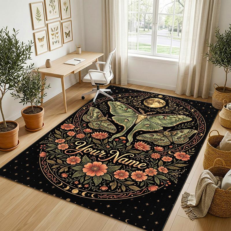 Moonlit Moth Garden Theme Soft Crystal Velvet Rug Custom Name & Text Print Non Slip Floor Rug for Bedroom Living Room