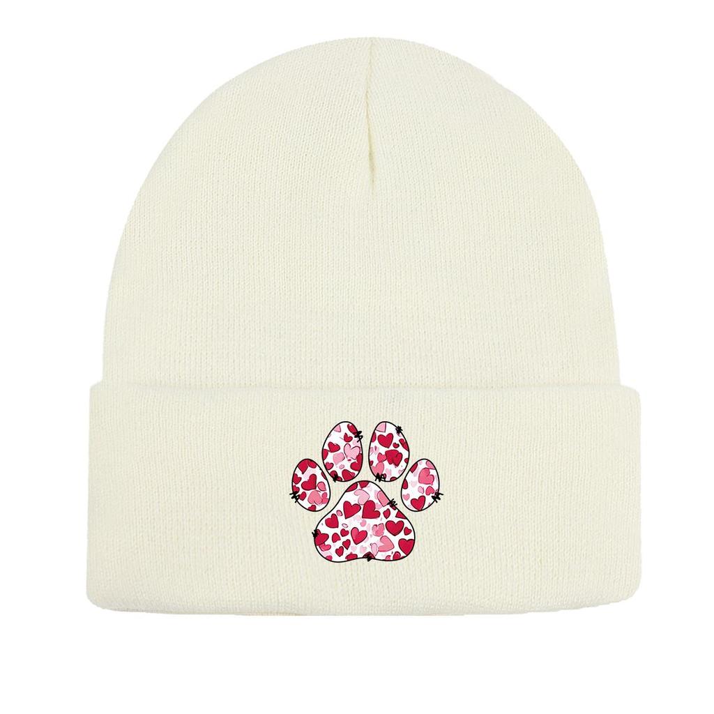 Dog Cat Paw Print Heart Knit Hat Beanie, Valentine's Day "XOXO LOVE KISS", Cozy Stylish Knitted Cap Beanie
