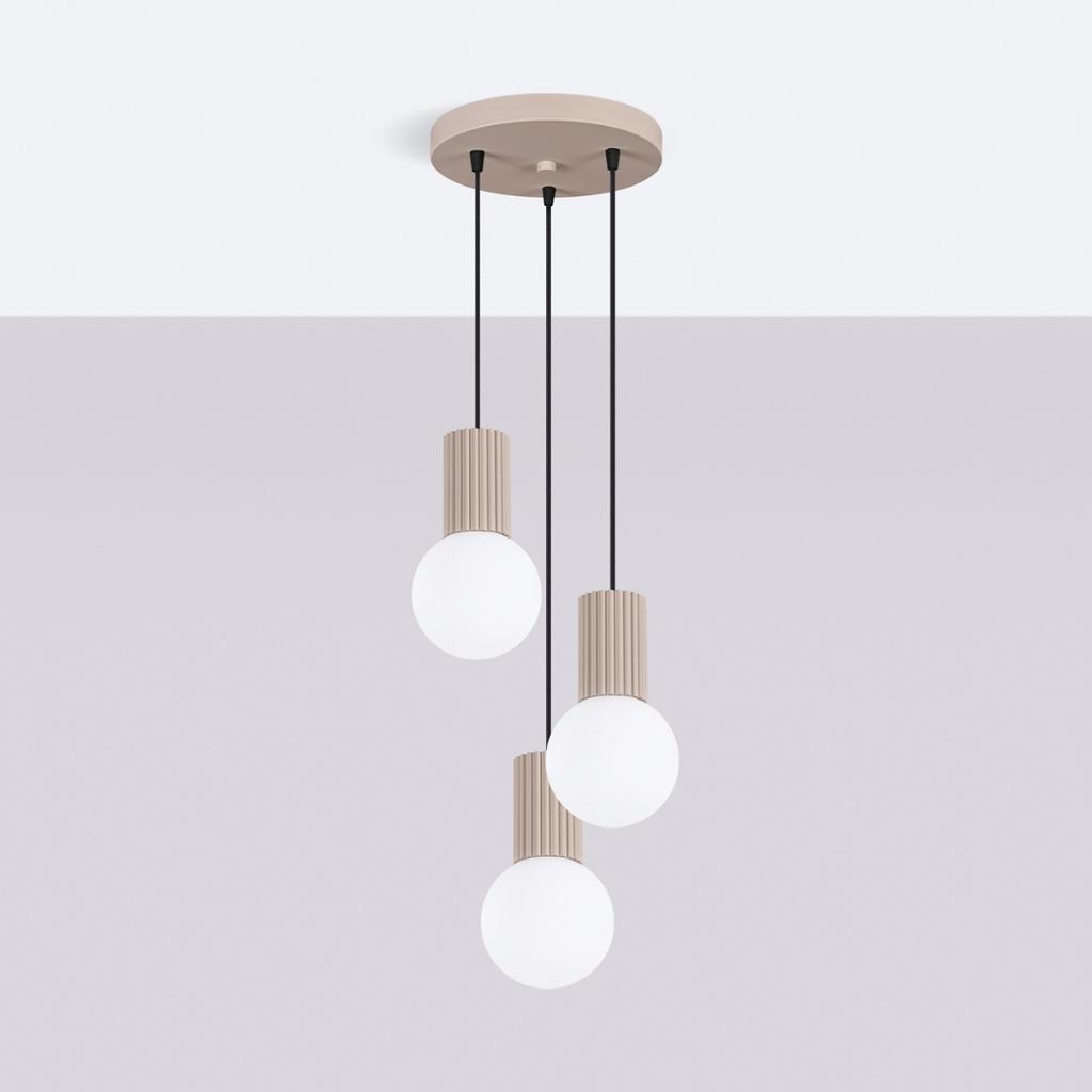 Lampa Wisząca Nowoczesna Okrągła Potrójna Taupe Ryflowana Szklane Białe Kule Do Salonu Jadalni Nad Stół 3Xg9 8W Halo Sollux Lighting