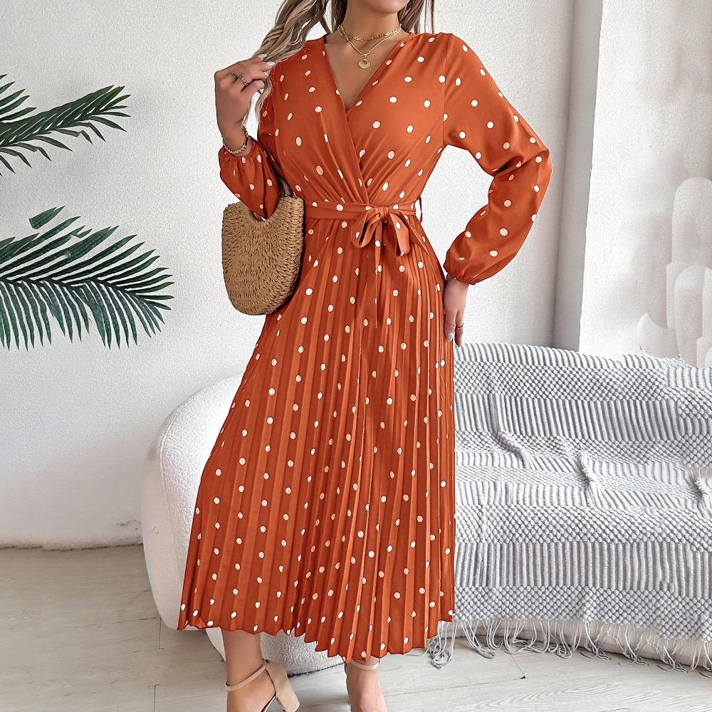Spring Summer Women Long Sleeve Dot Pleated High Waist A Line Long Dress
