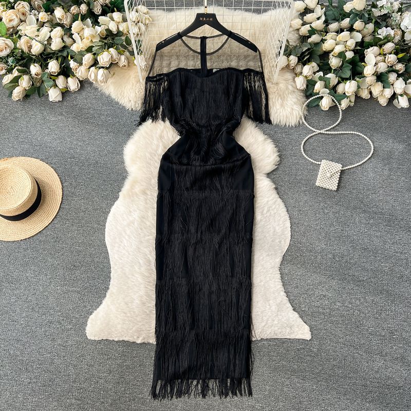

Classy Women s Clothing Fall 2023 New Arrival Light Luxury Minority Formal Dress Sheer Mesh Stitching Tassel Dress Women Black 3XL