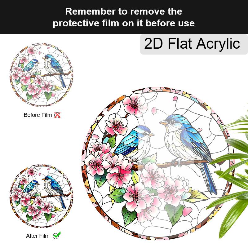 2D Flat Acrylic Peach Blossom Birds Suncatcher Decorative Hanging Ornament, 7.87/11.81inches Love Birds Home Window Porch Wall Garden Tree Decor