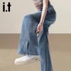 Izzue It Women's High-Waist Split Hem Vintage Wash Wide-Leg Jeans