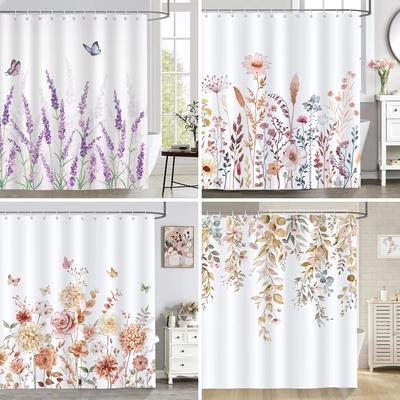 Cortina de ducha floral botánica con hojas, Acción de Gracias de otoño, lavanda, acuarela, poliéster, decoración de baño con ganchos