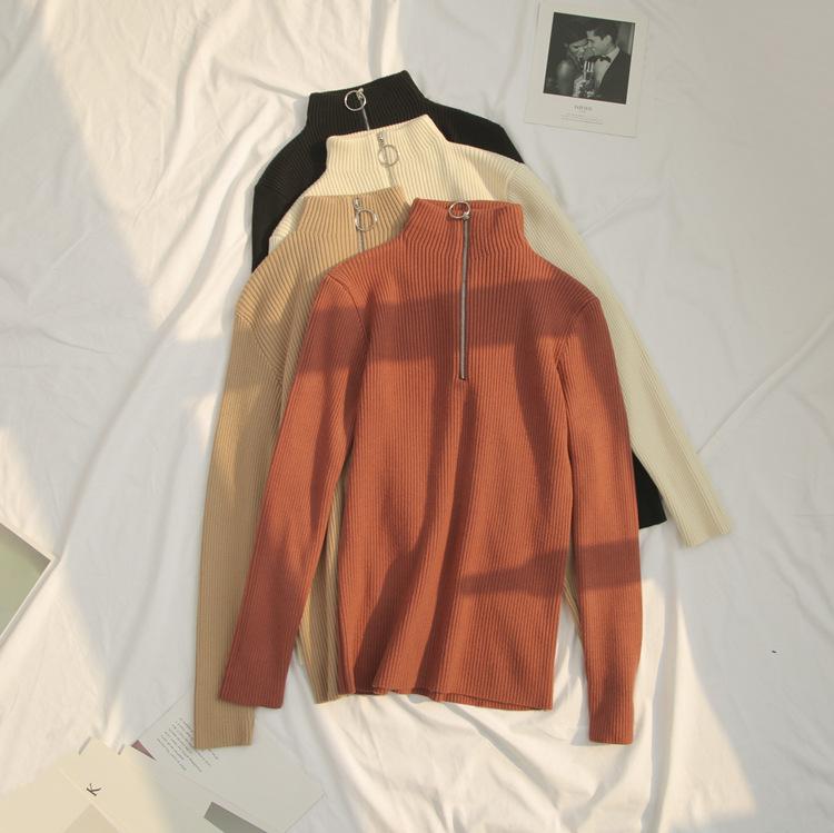 Autumn and Winter Sweater Women's Half Turtleneck Ring Zipper Slim Outer Wear Long-sleeved Mid-neck Bottoming Shirt Knitted Sweater Top