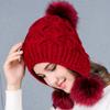 Women Knitted Cap Warm Woolen Hat with Plush Fuzzy Balls for Autumn Winter
