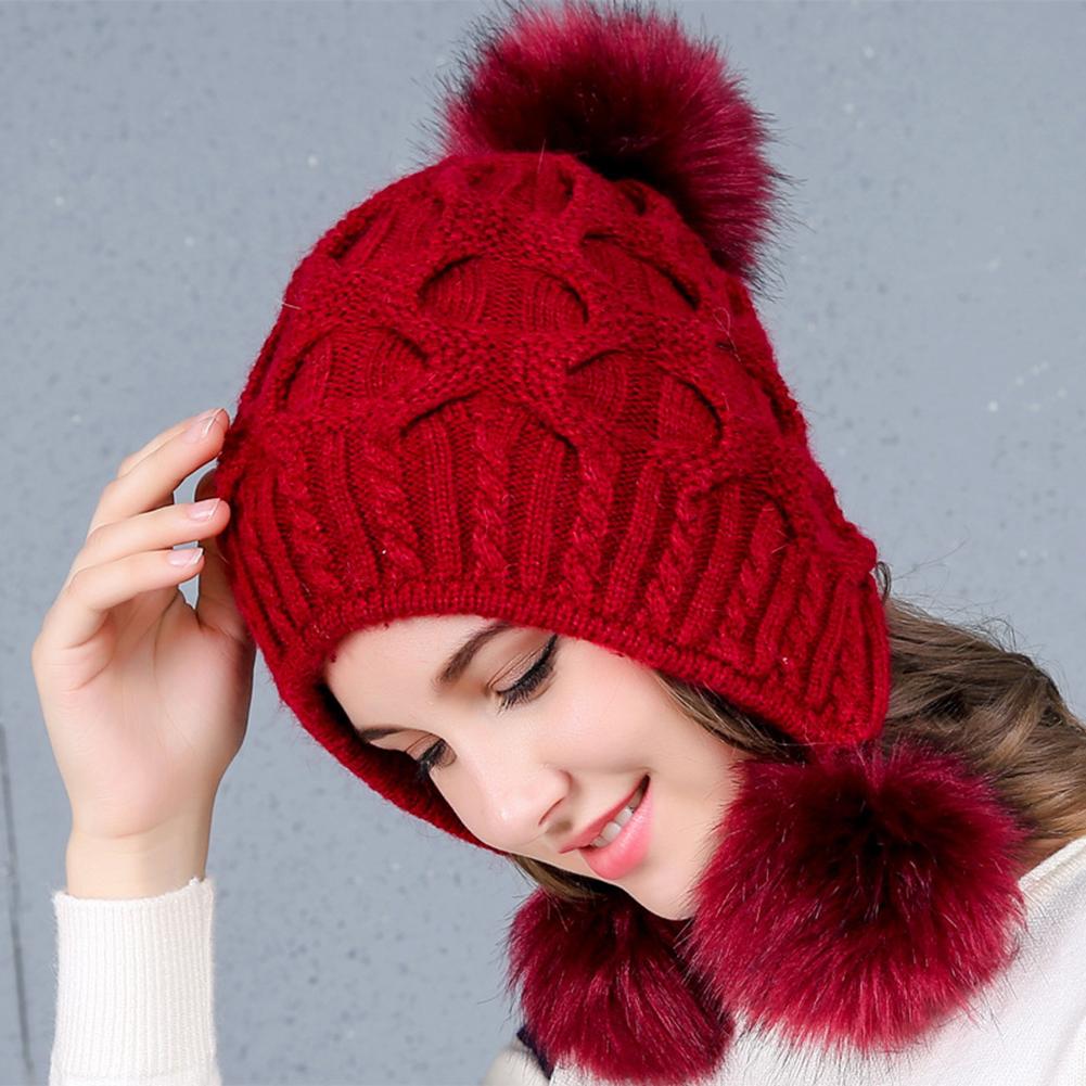 Women Knitted Cap Warm Woolen Hat with Plush Fuzzy Balls for Autumn Winter