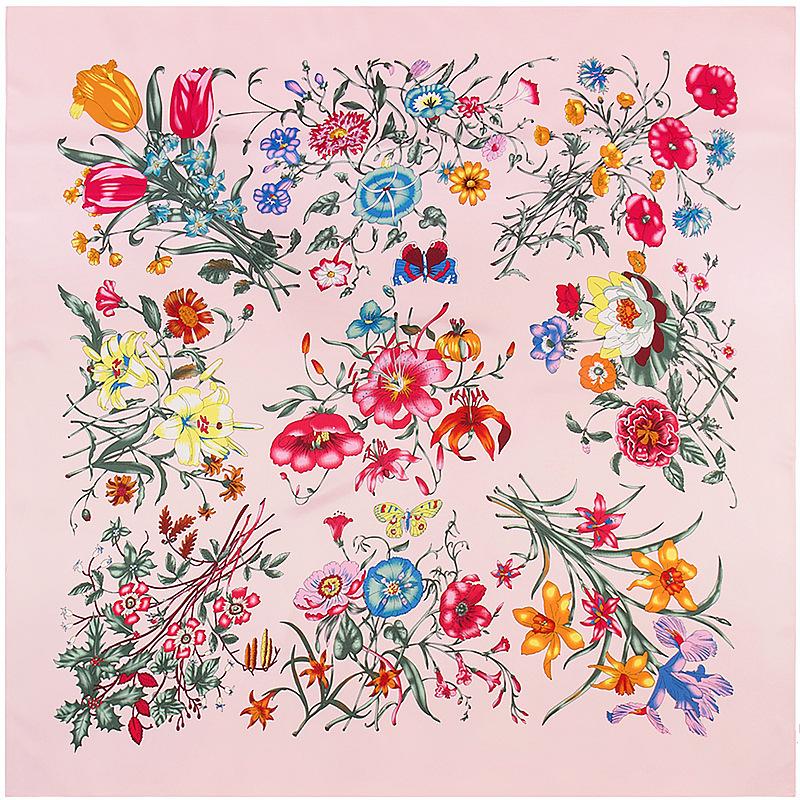 100*100Cm Twill Silk Scarf Luxury Women Flower Print Square Scarves Shawl Lady Kerchief Bandana Hijab Female Foulard Muffler