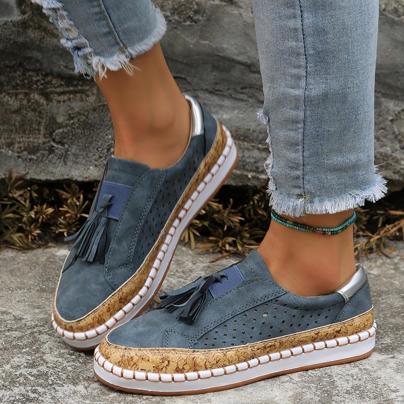 Neue Retro-Rundzehen-Elastik-Perforierte Atmungsaktive Einzelne Schuhe mit Lässigen Fransen und Flachen Sohlen