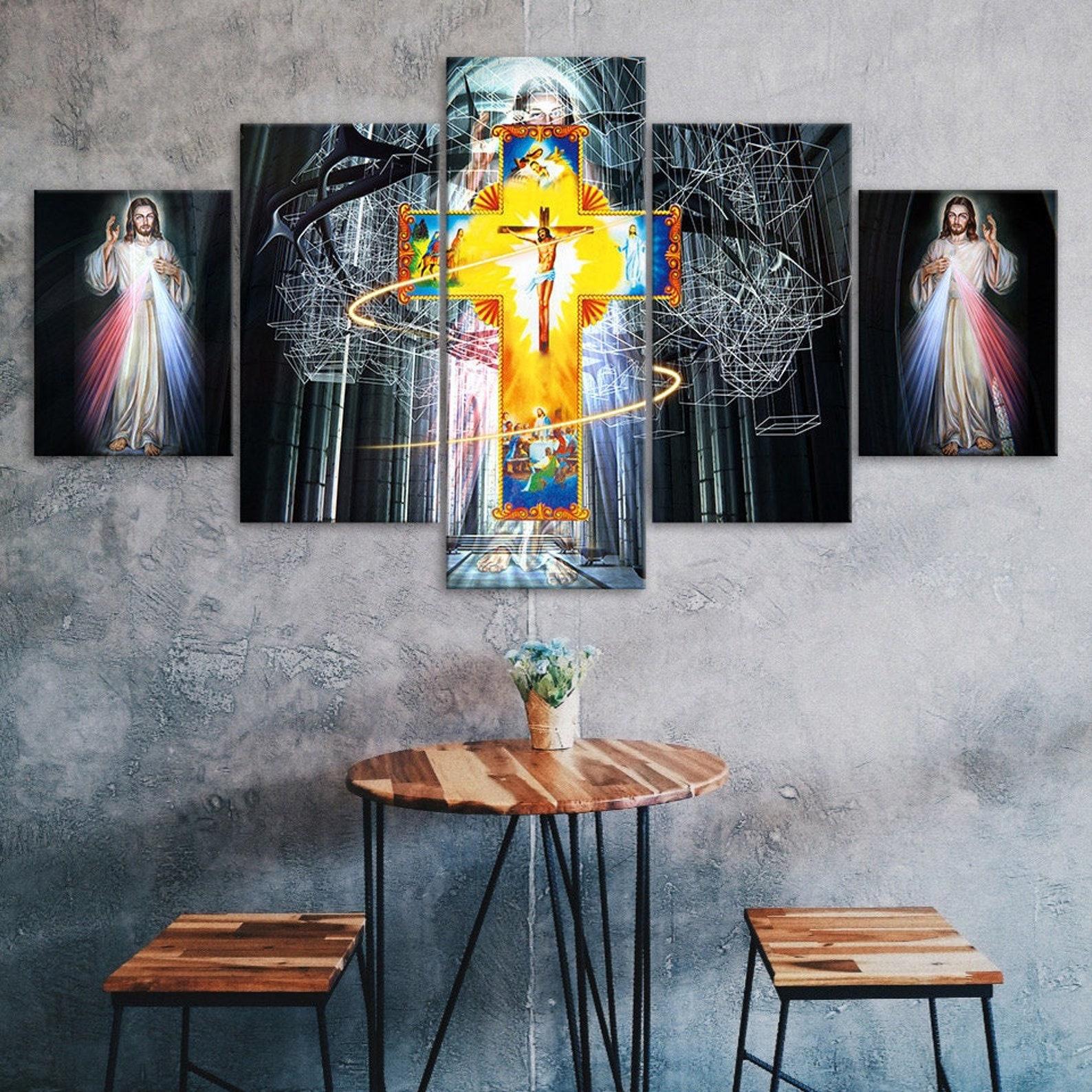 

Jesus Christ Light And The Crucifixion 5 Piece Five Panel Wall Canvas Print Modern Art Poster Picture Home Decor Gift For Him For Her 20X35 20X45 20X55CM