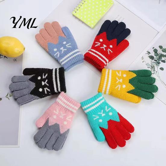 Playful Jacquard Gloves for Daily Wear 1 Pair Kids Winter Gloves, Cozy Thick Lined Mittens with Flexible Knitted Writing Playing Cute Cat Pattern,