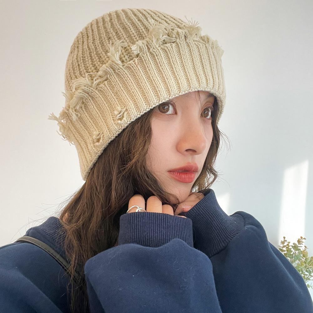 Solid Color Knitted Hat Dilapidated Hole Hip-Hop Hat New Beanie Cap Women Men
