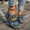 Large Size Ethnic Style Casual Single Shoes Women's Colorful Lace Up Graffiti Low Canvas Shoes Wooden Thick Bottom