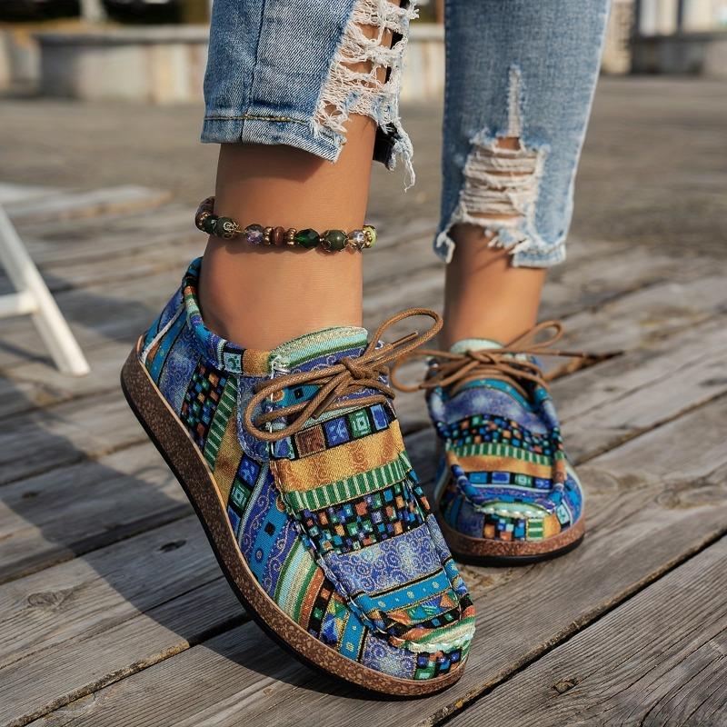 Large Size Ethnic Style Casual Single Shoes Women's Colorful Lace Up Graffiti Low Canvas Shoes Wooden Thick Bottom