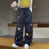 Girls' Autumn Casual Wide-Leg Cargo Pants with Korean Street Style and Trendy Embroidered Design