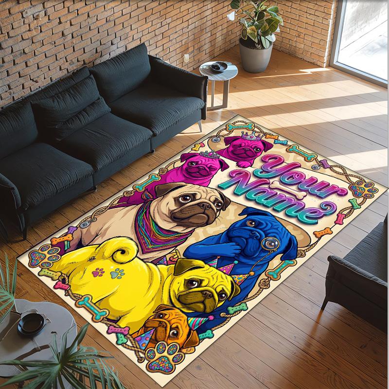 Pug Theme Crystal Velvet Floor Rug Personalized Custom Name Text Warm Carpet Home Decoration