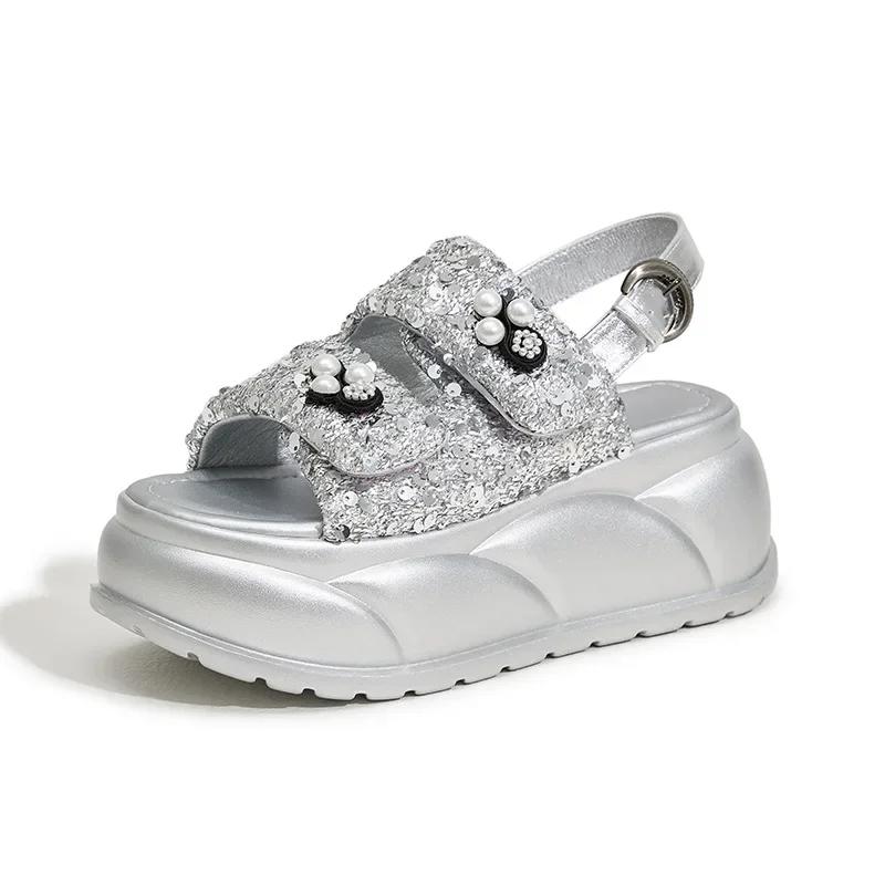 Fashion High Quality 7.5cm Synthetic Women Casual High Brand Peep Toe Shoes Fashion Slippers Platform Wedge Sandals Summer Bling Hollow