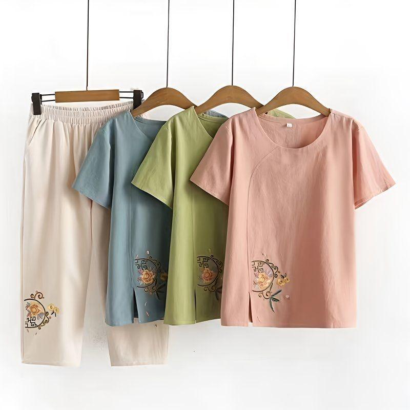 Stylish Cotton & Linen T-Shirt Set for Women: Summer Round Neck Short Sleeve Top for Middle-Aged and Elderly
