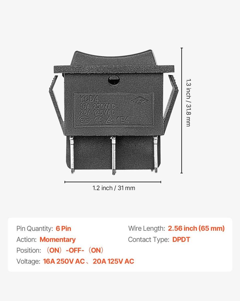 Rocker Switch, 6 Pin Momentary DPDT Rocker Switch, 3-Position (ON)-Off-(ON) Polarity Reversing Switch AC 250V/16A 125V/ 20A for Auto Car Boat