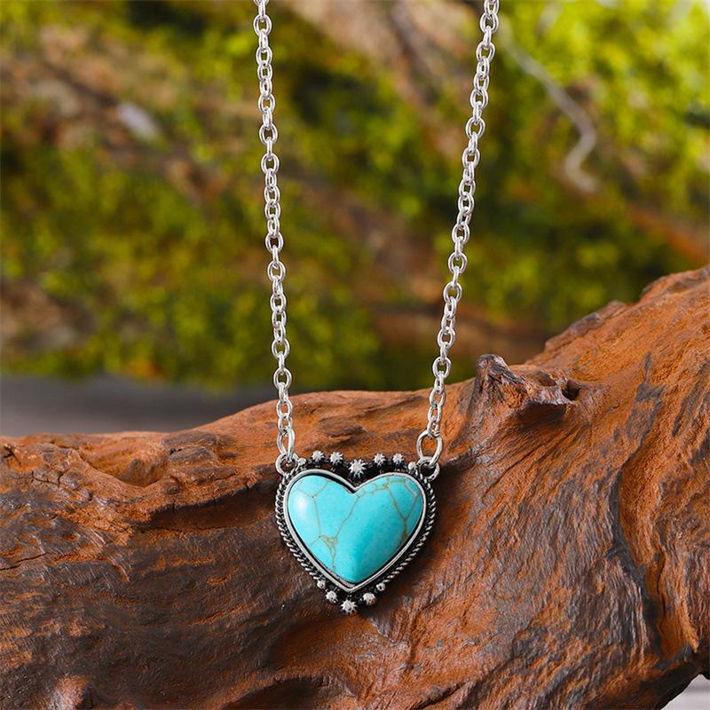 3tlg./Set Damen Böhmischer Vintage Stil Herz Türkis Anhänger Halskette Ohrringe Schmuckset Westernschmuck für Party Abschlussball Kleidung Geschenke