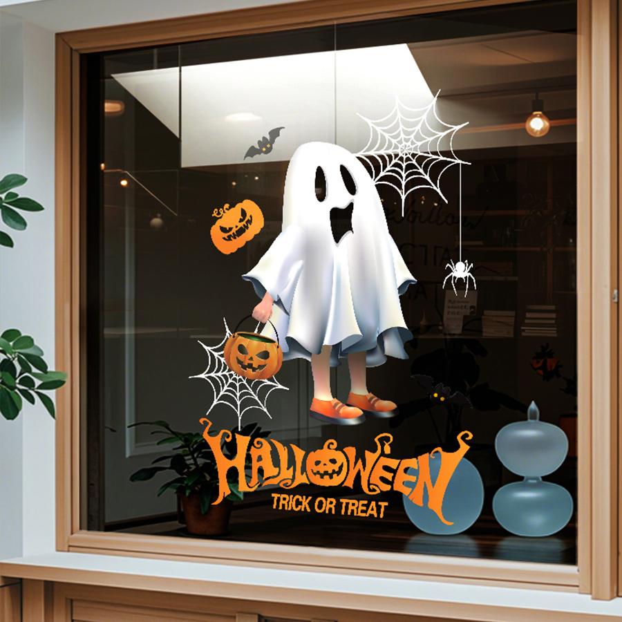 2 Pieces of 45cm*60cm Halloween Window Stickers Ghost Pumpkin Glass Decals Holiday Party Atmosphere Decoration Shop Window