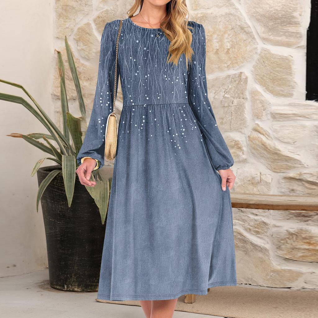 Women's Fashionable Loose Retro Printed Round-neck Dress