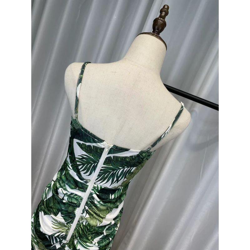 Original Fashionnova Vacation Style Chic and Beautiful Green Leaves Ruched Waist Trimming Spaghetti Straps Dress Women