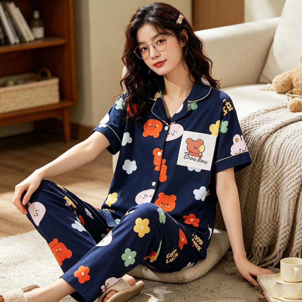 Pajamas Women's Summer Mori Fresh Flower Imitation Cotton Cardigan Short Sleeve Trousers Loungewear Large Size Casual Ladies Suit