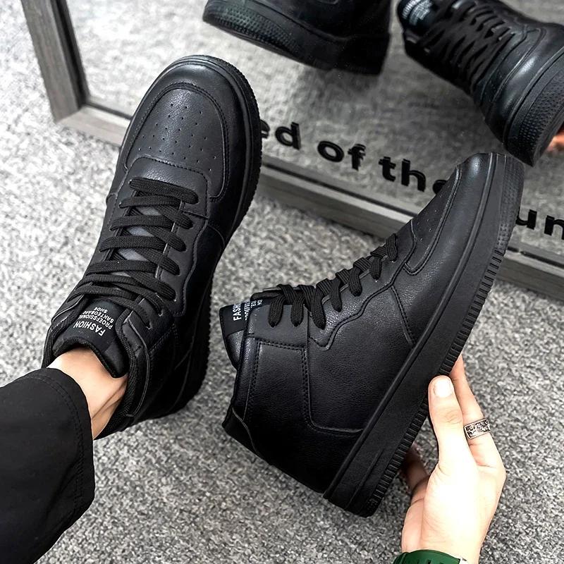 Herren High-Top Freizeitschuhe Leder Atmungsaktiv Dicke Sohle Bequeme Herren Sneaker Mode Weiß Schwarz Studenten Freizeitschuhe