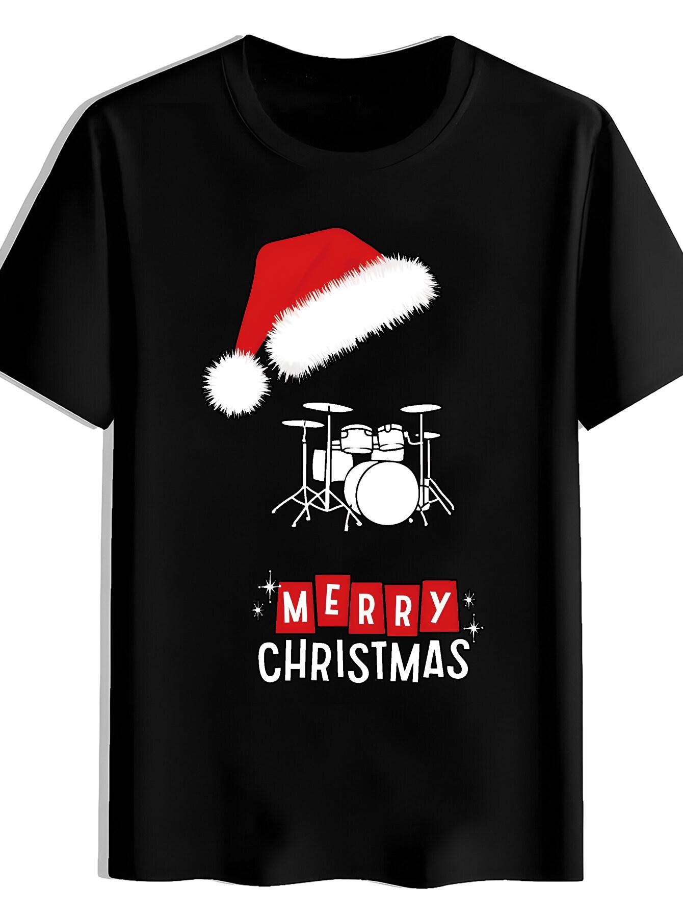 T-shirt A Short-Sleeved Featuring a White Drum Set Element with a Red Christmas Hat XXXL
