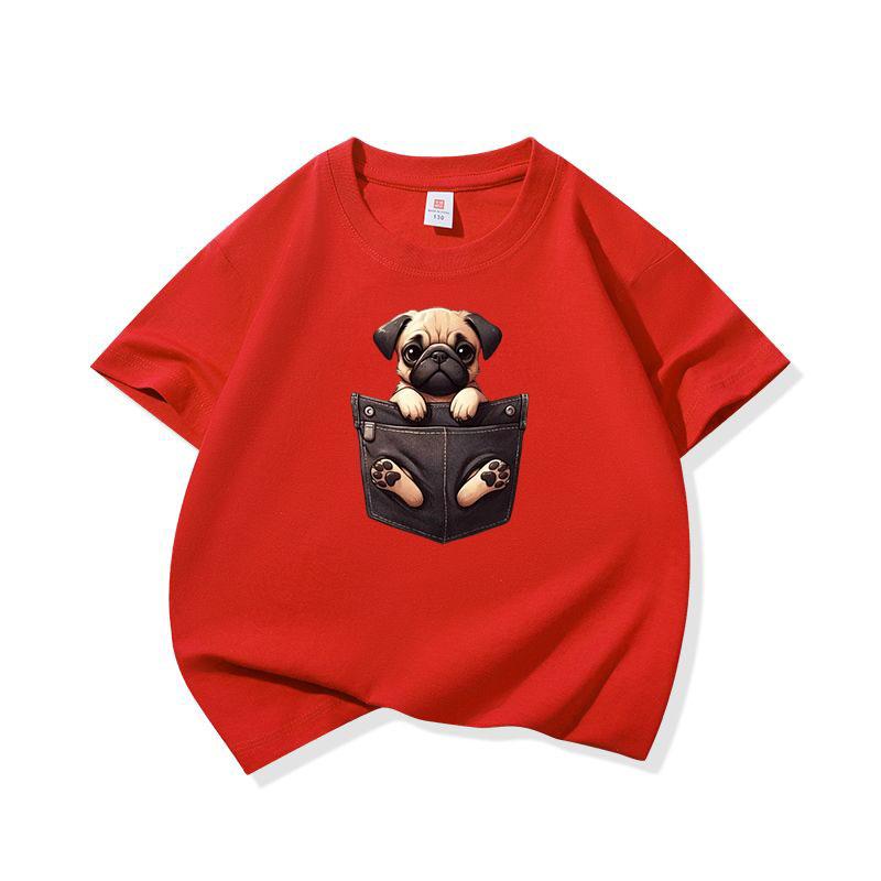Kids Cotton T Shirt Cute Pocket Pug Puppy Dog Graphic Crew Neck Short Sleeve Tee Casual Breathable Boys Girls Summer Tops