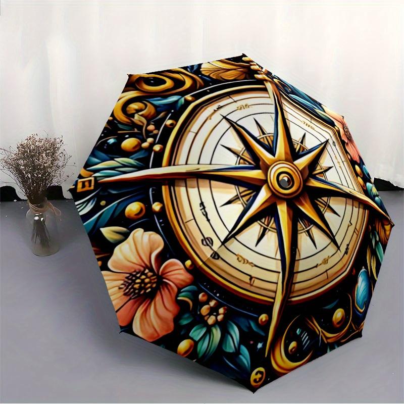 1pc Compass Floral Auto Open/close, All-Season Portable Folding Umbrella for Women & Men, Travel, Everyday, Formal Events - Compact Luxury Parasol, Ou
