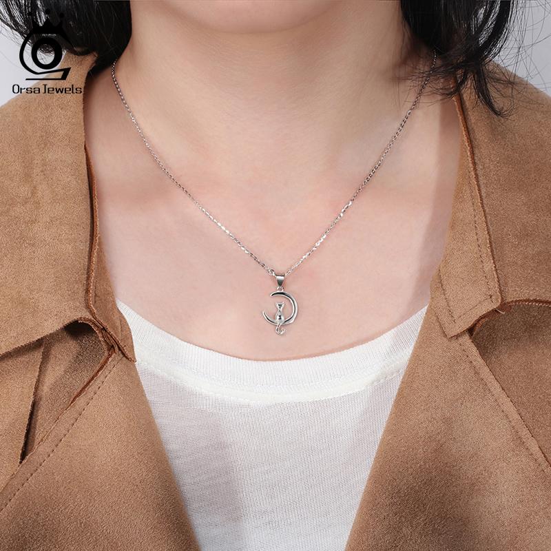 ORSA JEWELS Real 925 Sterling Silver Necklace Perfect Polished Creative funny cat sitting on the moon For Girl /woman Gift SN271