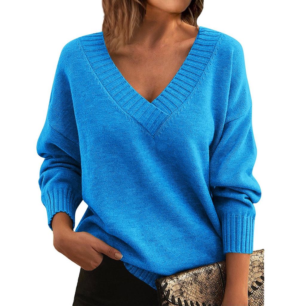 Women's Fashion Casual Solid Color Sweater Set Head V Neck Warm Long-sleeved Sweater