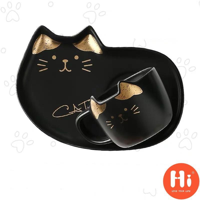 Hi Ceramic Coffee Cup With Saucer Spoon Cartoon Cat Teacup Breakfast Milk Mug Bread Dessert Dish Gift