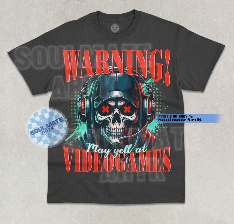 Warning May Yell At Video Games T-Shirt Funny Skeleton Meme Graphic Unisex Shirt XL