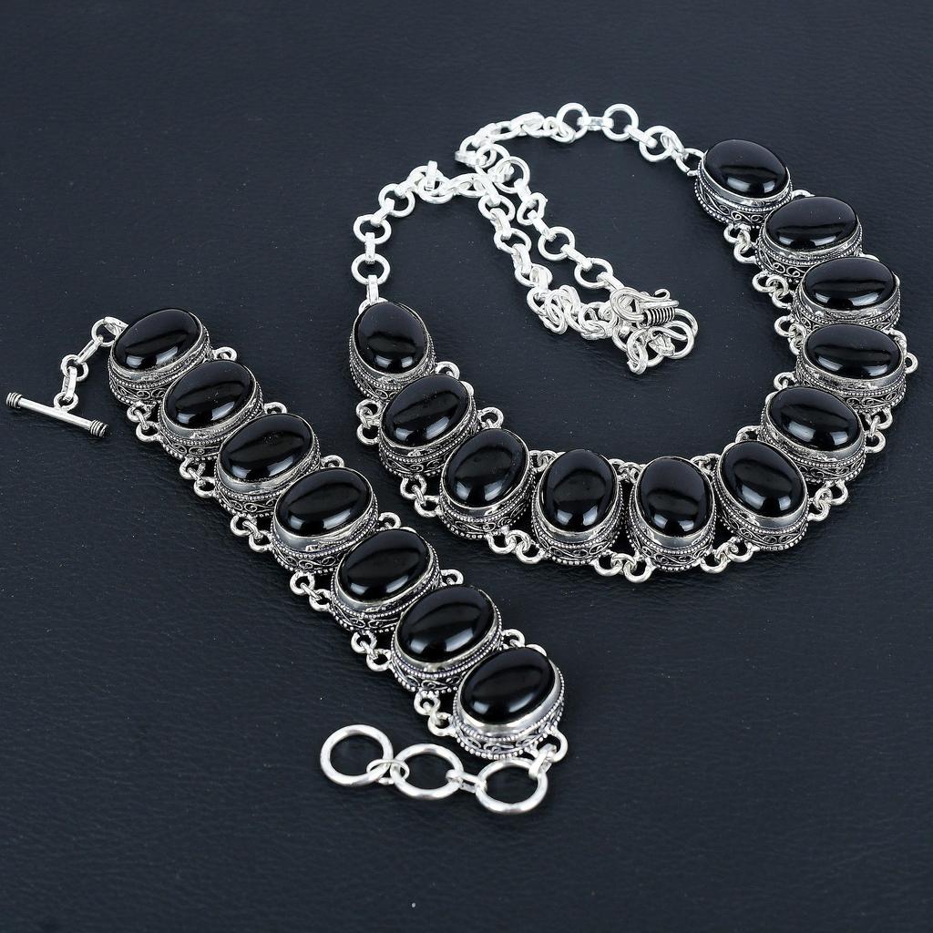 Naturlig Svart Onyks Edelsten Håndlaget 925 Sterlingsølv Smykker Halskjede Armbånd Sett, Antikk Smykkesett, Bryllupsgaver Armbånd Til Kone